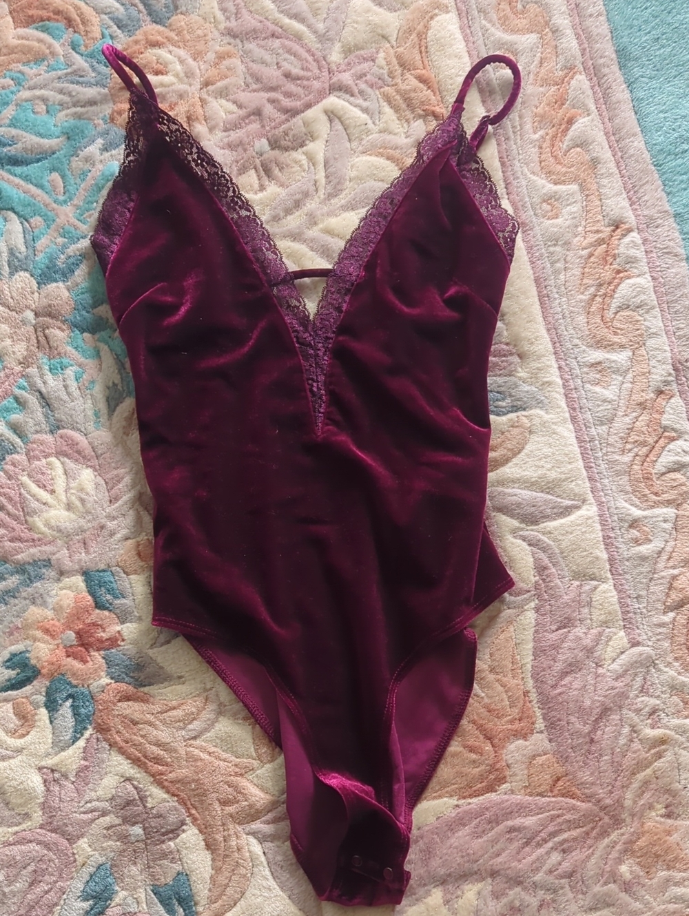 Forever 21 Plum Lace-Trim Velvet Bodysuit